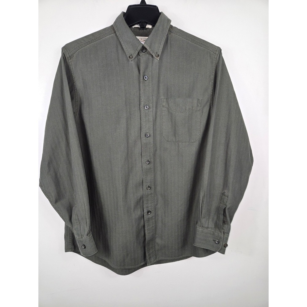 LL Bean Mens Medium Regular Olive Green Herringbone Cotton Button Down Shirt